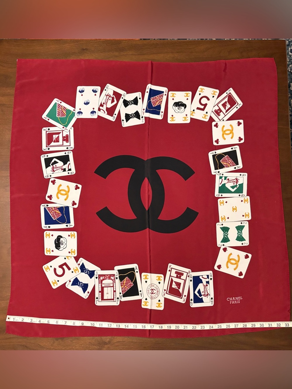 Vintage Chanel Playing Card Poker Themed Burgundy Black Silk Scarf